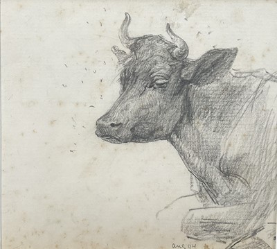 Lot 1012 - *Lucy Kemp-Welch (1869-1958) pencil drawing - A Cow, 'Bored Indifference', dated Aug. '94, 10cm x 11cm, in glazed gilt frame. NB: From an 1894 album of drawings and oils which was a gift...