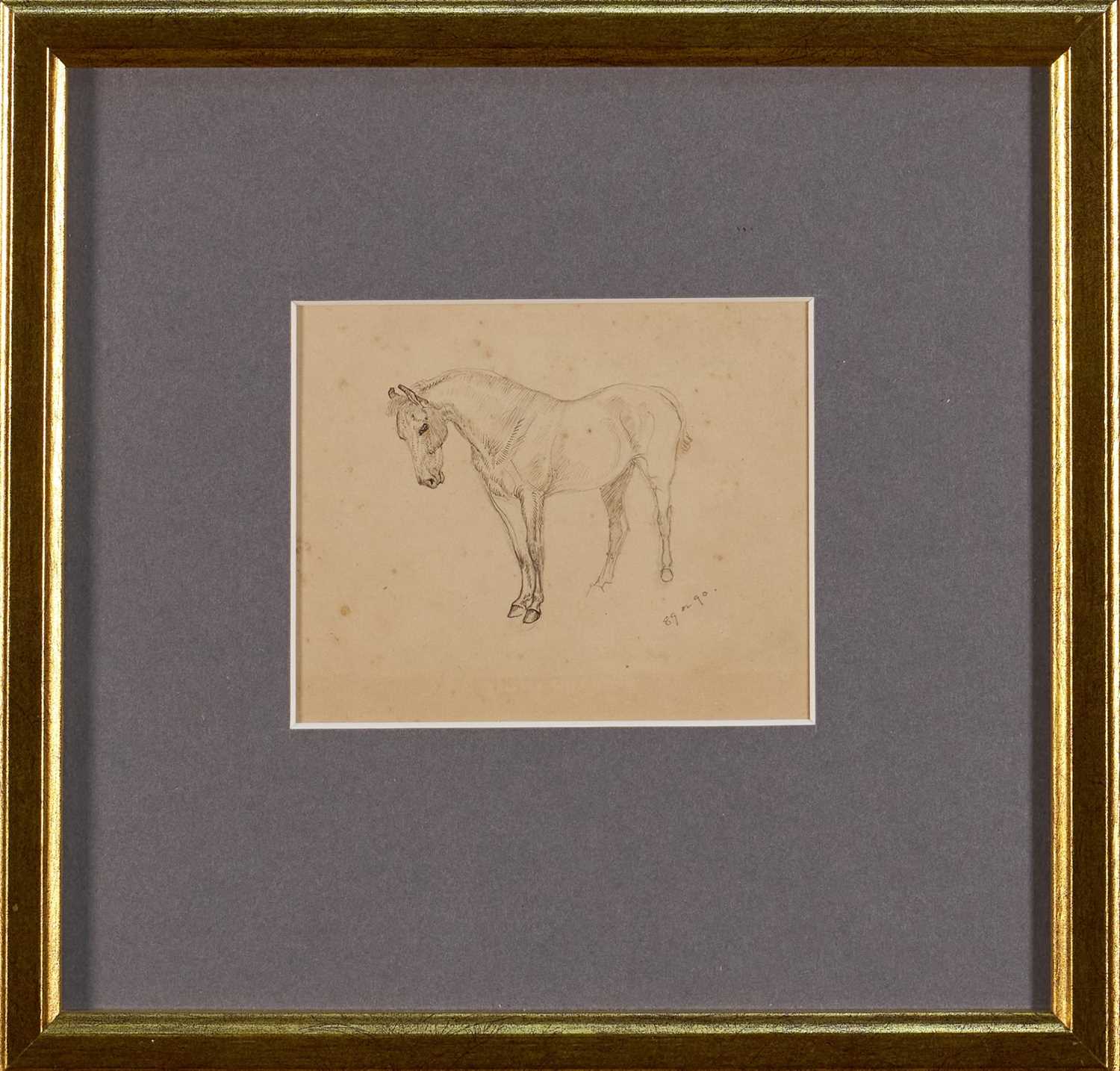 Lot 1011 - *Lucy Kemp-Welch (1869-1958) pencil and ink drawing - A Horse, 8.5cm x 10cm, in glazed gilt frame. NB: From an 1894 album of drawings and oils which was a gift from Lucy and her sister Ed...