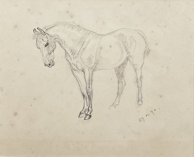 Lot 1011 - *Lucy Kemp-Welch (1869-1958) pencil and ink drawing - A Horse, 8.5cm x 10cm, in glazed gilt frame. NB: From an 1894 album of drawings and oils which was a gift from Lucy and her sister Ed...