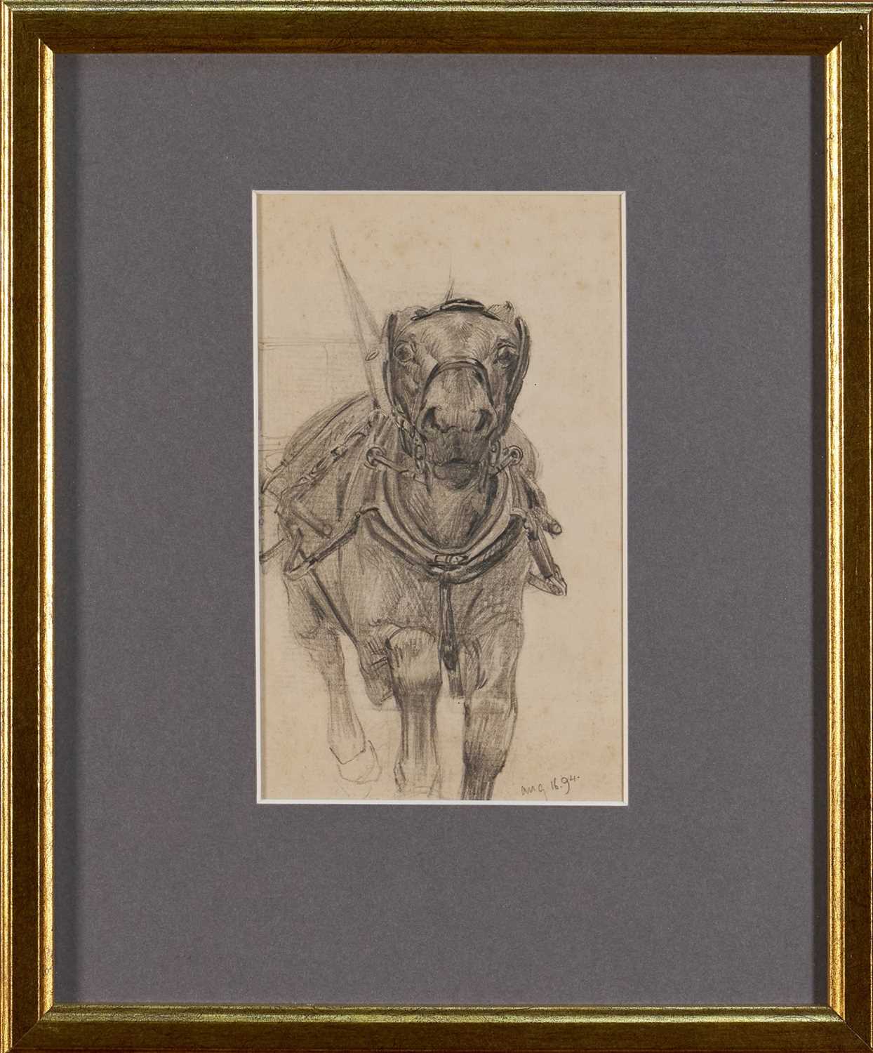 Lot 1010 - *Lucy Kemp-Welch (1869-1958) pencil drawing - 'The Runaway', dated Aug. 16. '94, 15.5cm x 9.5cm, in glazed gilt frame. NB: From an 1894 album of drawings and oils which was a gift from Lu...