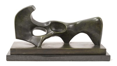 Lot 1197 - Manner of Henry Moore (1898-1986) bronze sculpture, reclining figure, bears signature to the rectangular base, 33cm long, on marble plinth