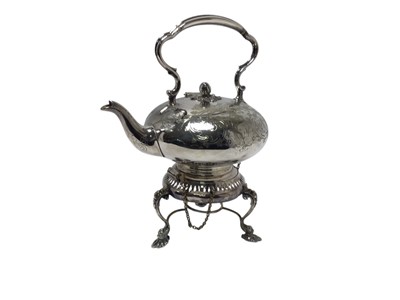 Lot 482 - 19th century Irish silver plated spirit kettle of compressed form, with engraved foliate decoration