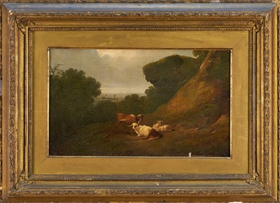 Lot 1058 - Manner of Philip de Loutherbourg (1740-1812) oil on canvas - Livestock at Rest, 22cm x 37cm, in gilt frame