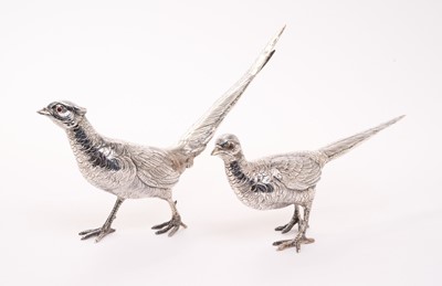 Lot 484 - Pair contemporary silver pheasant table ornaments, realistically modelled as a cock and hen.