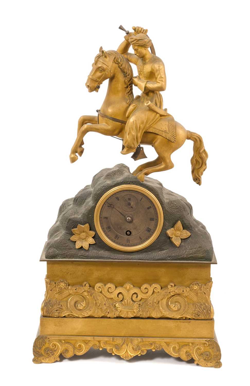 Lot 803 - Mid 19th century French bronze and ormolu mantle clock with Turkish cavalryman mount, silvered dial with subsidiary seconds signed ' Charles a Paris', with gilt floral scroll decoration, silk su...