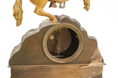 Lot 803 - Mid 19th century French bronze and ormolu mantle clock with Turkish cavalryman mount, silvered dial with subsidiary seconds signed ' Charles a Paris', with gilt floral scroll decoration, silk su...