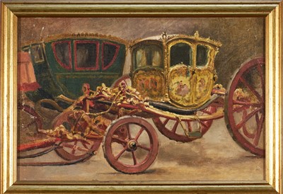 Lot 1369 - Manner of Sir Alfred Munnings (1878-1959) oil sketch on canvas - A Carriage, coupé de gala of Portuguese origin, 30cm x 45cm, in gilt frame. NB: it appears that this particular carriage...
