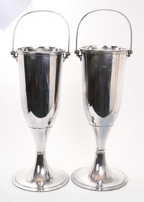 Lot 501 - Pair of large free standing Mid 20th century silver plated 'Hotel silver' wine coolers of tapered form with circular foot, swing handle and removable liners, stamped to base 'Gebrüder Hepp of Pf...