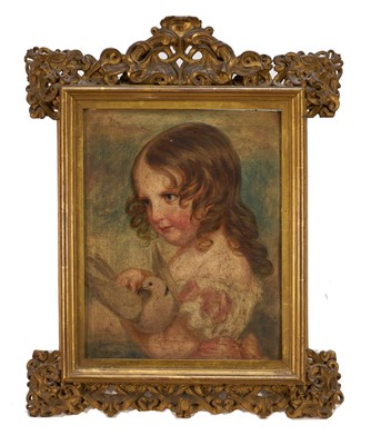 Lot 239 - European School, early 19th century, oil on board - Portrait of a Girl and a Dove, 38cm x 30cm, in decorative gilt frame
