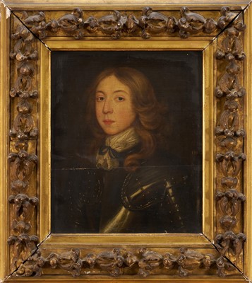 Lot 1060 - English School, mid-17th century, oil on panel - Portrait of a Young Man in Armour, initialled I.H/J.H, 30cm x 25cm, in ornate gilt frame