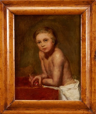 Lot 1001 - Manner of William Etty (1787-1849) oil on canvas - sketch of a semi-clad young man, 23cm x 18cm, in maple veneered frame