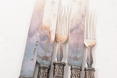 Lot 840 - 18th century agate handled table knife, together with two pairs of Victorian agate handled knives and forks. (5)