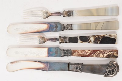 Lot 840 - 18th century agate handled table knife, together with two pairs of Victorian agate handled knives and forks. (5)