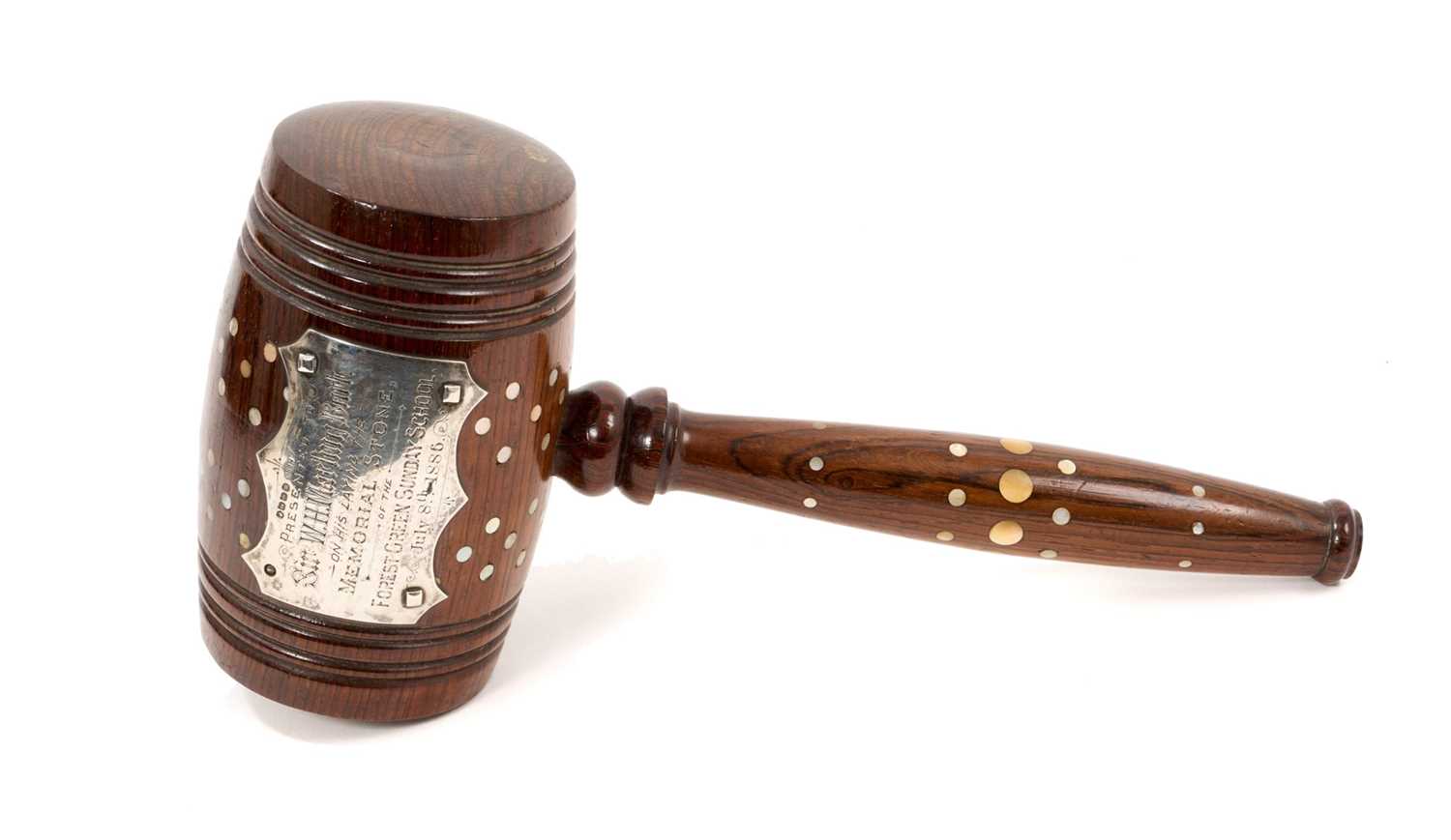Lot 839 - Substantial Victorian rosewood and mother of pearl inlaid gavel, mounted with silver plaque engraved to Sir W. H. Marling Bart. (Sir William Henry Marling (1835-1919) on his laying the Memorial...
