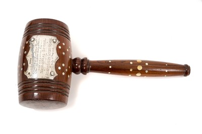 Lot 839 - Substantial Victorian rosewood and mother of pearl inlaid gavel, mounted with silver plaque engraved to Sir W. H. Marling Bart. (Sir William Henry Marling (1835-1919) on his laying the Memorial...