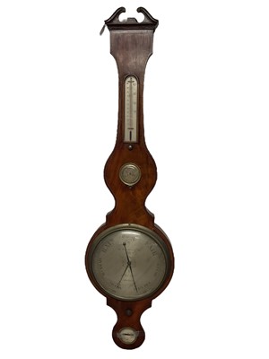 Lot 671 - Early 19th century banjo barometer / thermometer by J. Somalvice & Son, Holborn with silvered dials in inlaid mahogany vase 112cm high