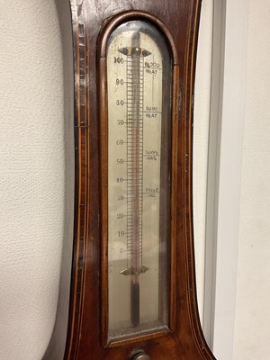 Lot 821 - Early 19th century banjo barometer / thermometer by J. Somalvice & Son, Holborn with silvered dials in inlaid mahogany vase 112cm high