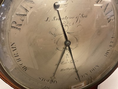 Lot 821 - Early 19th century banjo barometer / thermometer by J. Somalvice & Son, Holborn with silvered dials in inlaid mahogany vase 112cm high