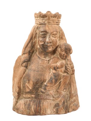 Lot 321 - Della Robbia type unglazed terracotta relief sculpture of the Madonna and Child, in the Renaissance style, 49cm high