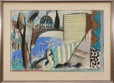 Lot 1051 - *Caroline McNairn (1955-2010) pastel and collage - City Scape, signed and dated '84, 51cm x 77cm, in glazed frame. Provenance: Leinster Fine Art, London