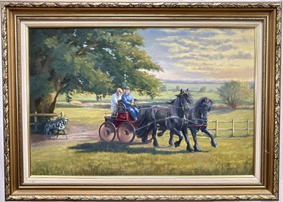 Lot 1211 - Jay Swallow, late 20th century, oil on canvas - Friesian driving pair, Higham pony stud, signed, 61cm x 91cm, in gilt frame