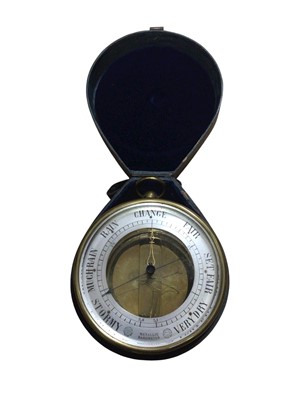 Lot 2947 - French 19th century metallic marine barometer, Bourdon & Richards Patent, Paris, the silvered dial inscribed for Paris 1849 and London 1851 exhibitions, 13cm diameter, in original leather ca...