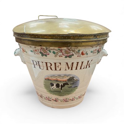 Lot 3114 - Late 19th century milk counter pan / pail, inscribed 'Pure Milk' to front, printed in colours with a cow in a field and floral borders, the brass lid with label reading 'Dairy Outfit Co Ltd - Ki...