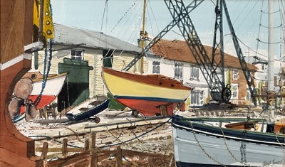 Lot 296 - Teul Jones, 20th century watercolour, Wivenhoe boatyard, signed, 23cm x 38cm, glazed frame