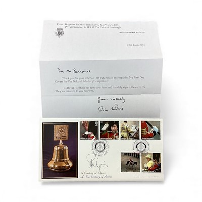 Lot 1168 - H.R.H. Prince Philip,The Duke of Edinburgh, signed First Day Cover with letter from the Dukes Private Secretary and a Margaret Thatcher signed Christmas card (3)