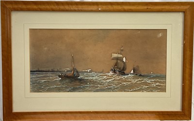 Lot 221 - A. Clifford, pair of watercolours - Dover shipping, signed, 28cm x 59cm, in maple veneered frames