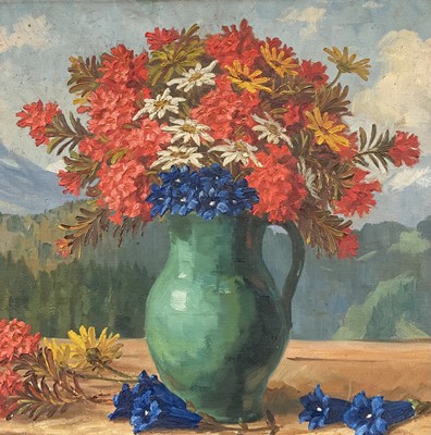 Lot 23 - Mid 20th German oil on canvas, still life on a ledge