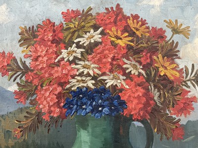 Lot 23 - Mid 20th German oil on canvas, still life on a ledge