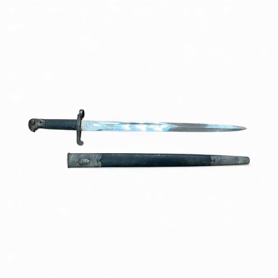 Lot 839 - Victorian British 1887 pattern Martini Henry bayonet with polished steel blade, in leather scabbard with steel mounts.