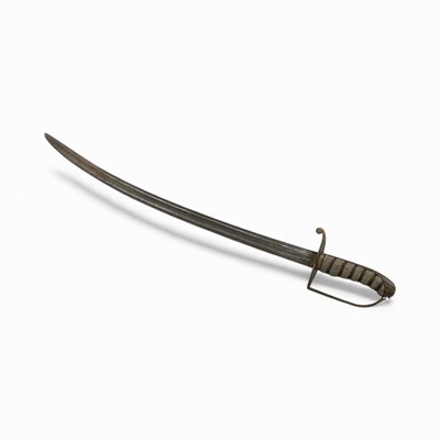 Lot 834 - George III Officers spadroon sword with stirrup hilt, wire bound shagreen grip, curved pipe back blade with traces of original engraved decoration, no scabbard, the blade 69.5cm.