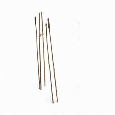 Lot 915 - Group of five Zulu war spears on wooden shafts.