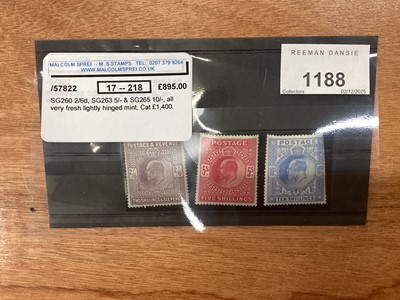 Lot 1188 - Stamps - G.B Edward V1 high values 2/6-10/- mint SG 260, 263 & 265