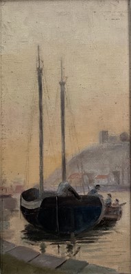 Lot 34 - English School oil on board, harbour scene, 34.5cm x 16.5cm, framed