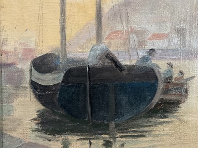 Lot 34 - English School oil on board, harbour scene, 34.5cm x 16.5cm, framed