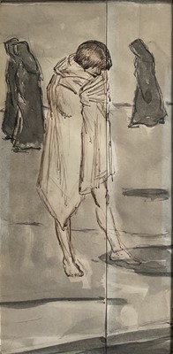 Lot 30 - 20th century pen and ink sketch, figure in cloak, 17cm x 8.5cm, glazed frame