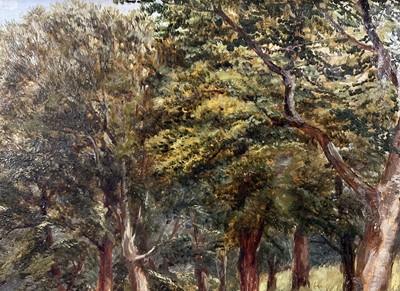 Lot 28 - English School, 19th century, oil on board, signed A. Vickers, figures on a track on the edge of woodland in mountainous landscape, 17cm x 35cm, gilt frame