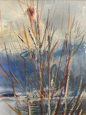 Lot 38 - Norwegian, 20th century, oil on board, signed indistinctly, Lake scene titled 'Spring, Tinnsjøen', 34cm x 48cm, framed