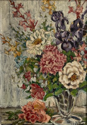Lot 36 - 20th century oil on board North Tanzanian 'Flowers in the window', signed Betty Williams, inscribed verso c/o Township Authority Moshi Tanganyika, 50cm x 35cm, framed