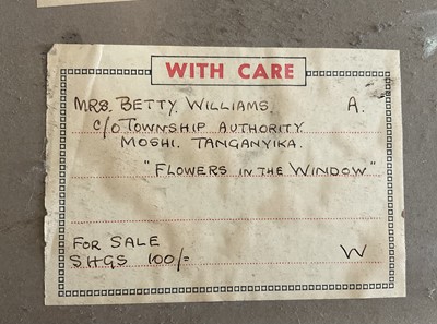 Lot 36 - 20th century oil on board North Tanzanian 'Flowers in the window', signed Betty Williams, inscribed verso c/o Township Authority Moshi Tanganyika, 50cm x 35cm, framed