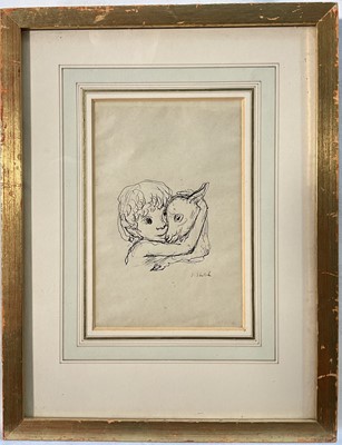 Lot 295 - Pen and ink - Boy and sheep, indistinctly signed, 15 x 10cm, glazed frame