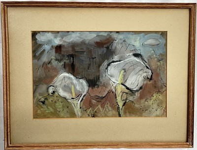 Lot 217 - Manner of John Piper watercolour and mixed media, Lilies, bears signature 'Piper' to reverse, 30 x 48cm, glazed frame