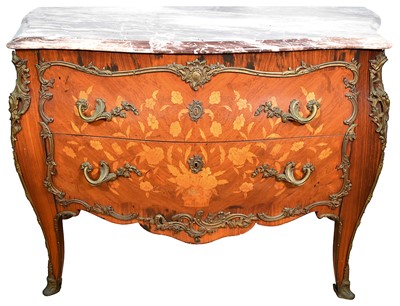 Lot 1284 - Louis XVI style French walnut and marquetry inlaid marble top bombe commode