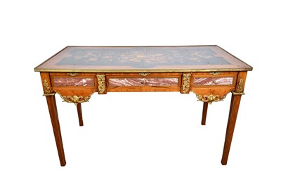 Lot 1287 - Louis XVI style walnut marquetry, marble and gilt metal mounted bureau plat