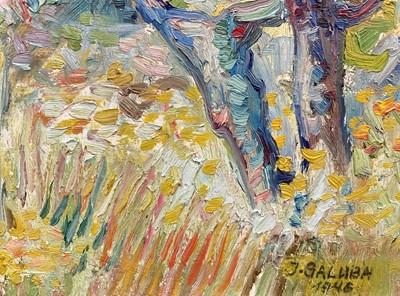 Lot 17 - J. Galuba, Polish, oil on board, Summer garden, signed and dated 1946, 33cm x 44cm, framed