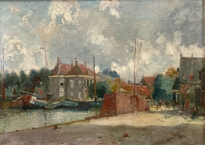 Lot 16 - Dutch school, 20th century oil on board, Canal scene, signed indistinctly lower right, 32cm x 45cm, framed