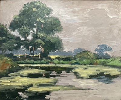 Lot 12 - English School, 20th century oil on board, river landscape, signed indistinctly, 50cm x 60cm, framed